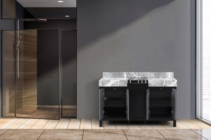 Zilara Transitional Black and Grey 55" Double Vanity, Castle Grey Marble Tops, and White Square Sinks | LZ342255SLIS000