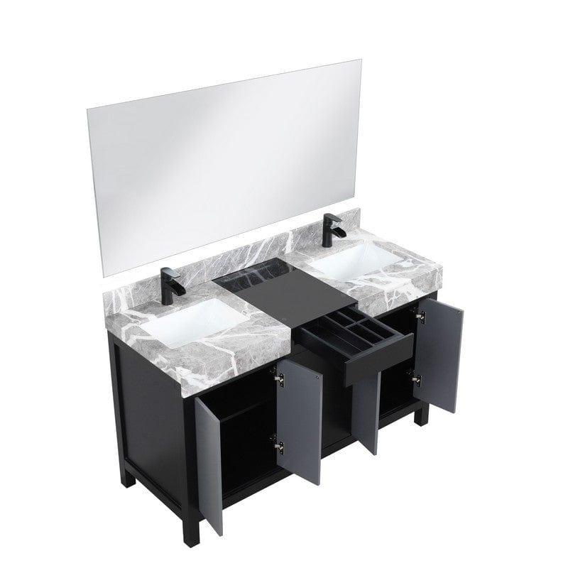 Zilara Transitional Black and Grey 55" Double Vanity Set, Cascata Nera Matte Black Faucet Set | LZ342255SLISM53FCM