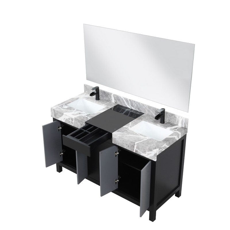 Zilara Transitional Black and Grey 55" Double Vanity Set, Cascata Nera Matte Black Faucet Set | LZ342255SLISM53FCM