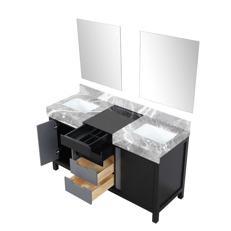 Zilara Transitional Black and Grey 60" Double Vanity, 28" Frameless Mirrors | LZ342260DLISM28