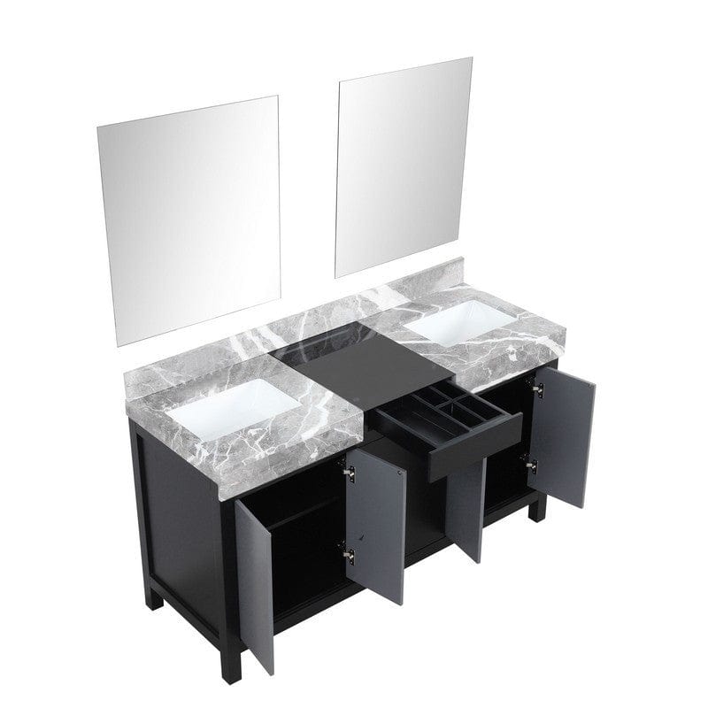 Zilara Transitional Black and Grey 60" Double Vanity, 28" Frameless Mirrors | LZ342260DLISM28