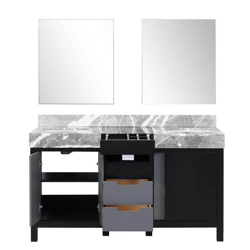 Zilara Transitional Black and Grey 60" Double Vanity, 28" Frameless Mirrors | LZ342260DLISM28