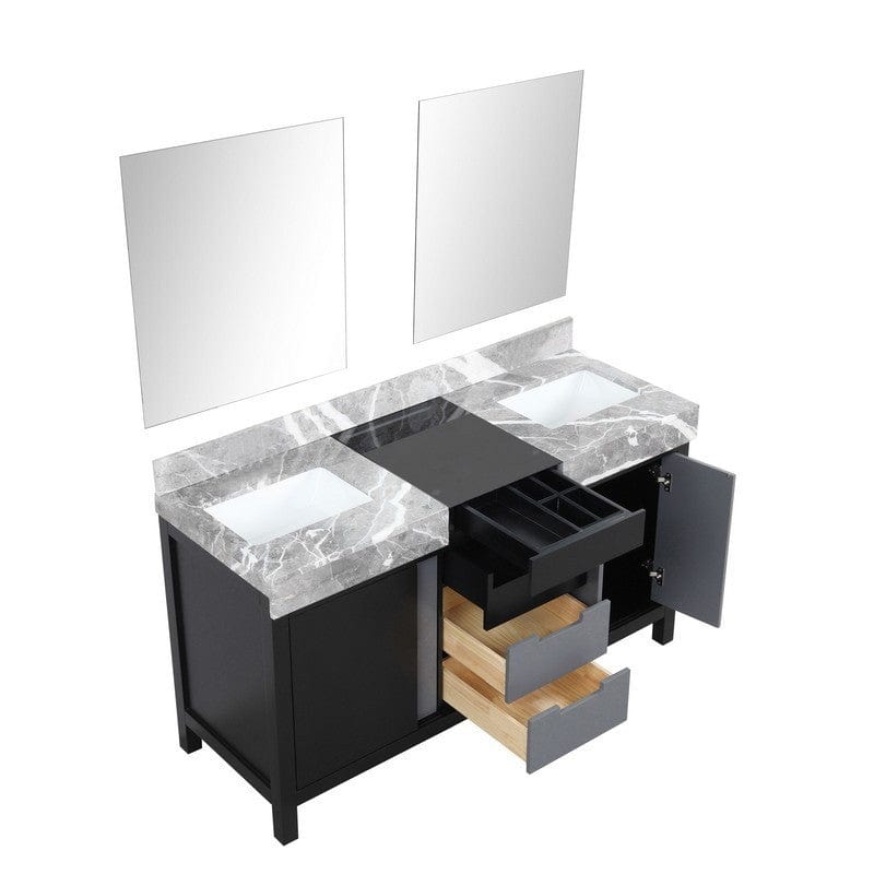 Zilara Transitional Black and Grey 60" Double Vanity, 28" Frameless Mirrors | LZ342260DLISM28