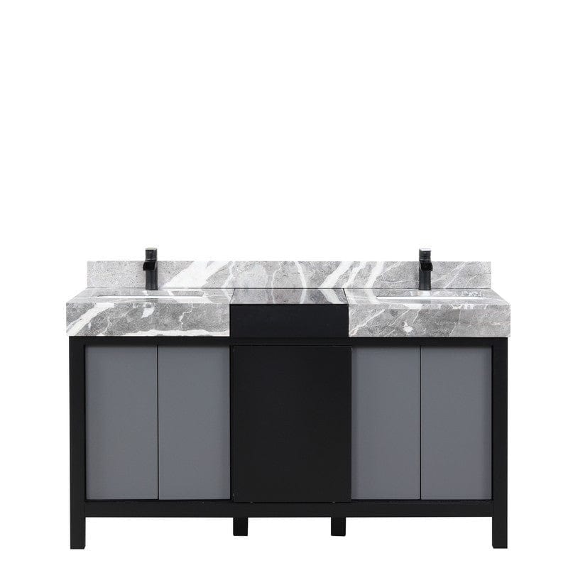 Zilara Transitional Black and Grey 60" Double Vanity, Cascata Nera Matte Black Faucet Set | LZ342260DLISFCM