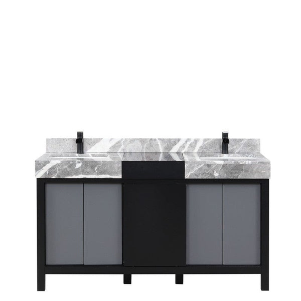 Zilara Transitional Black and Grey 60 Double Vanity, Cascata Nera Matte Black Faucet Set | LZ342260DLISFCM