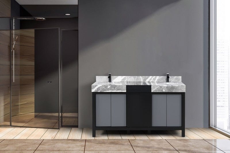 Zilara Transitional Black and Grey 60" Double Vanity, Cascata Nera Matte Black Faucet Set | LZ342260DLISFCM