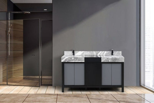Zilara Transitional Black and Grey 60" Double Vanity, Cascata Nera Matte Black Faucet Set | LZ342260DLISFCM