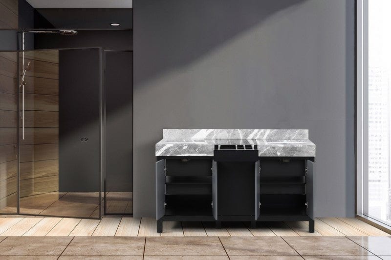 Zilara Transitional Black and Grey 60" Double Vanity, Castle Grey Marble Tops | LZ342260DLIS000