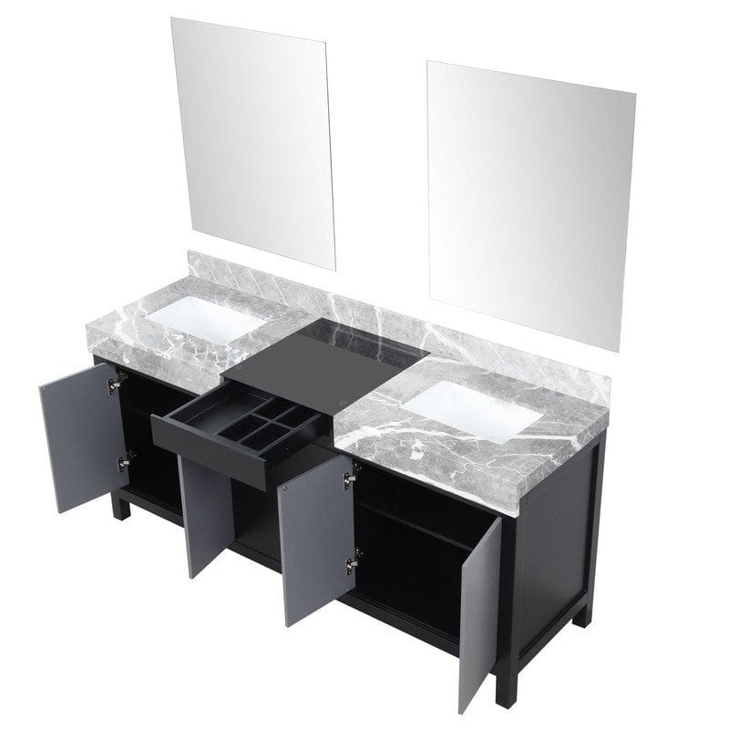 Zilara Transitional Black and Grey 72" Double Vanity, 28" Frameless Mirrors | LZ342272DLISM28