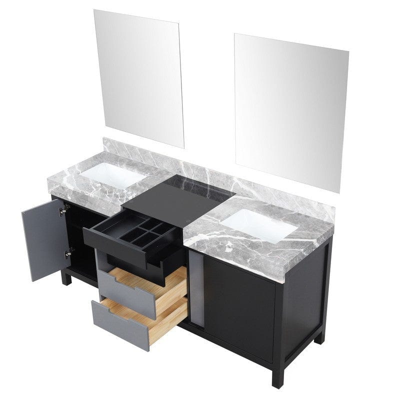 Zilara Transitional Black and Grey 72" Double Vanity, 28" Frameless Mirrors | LZ342272DLISM28