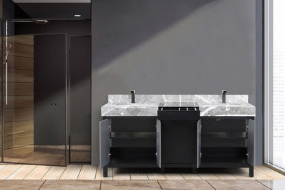 Zilara Transitional Black and Grey 72" Double Vanity, Balzani Gun Metal Faucet Set | LZ342272DLISFBG