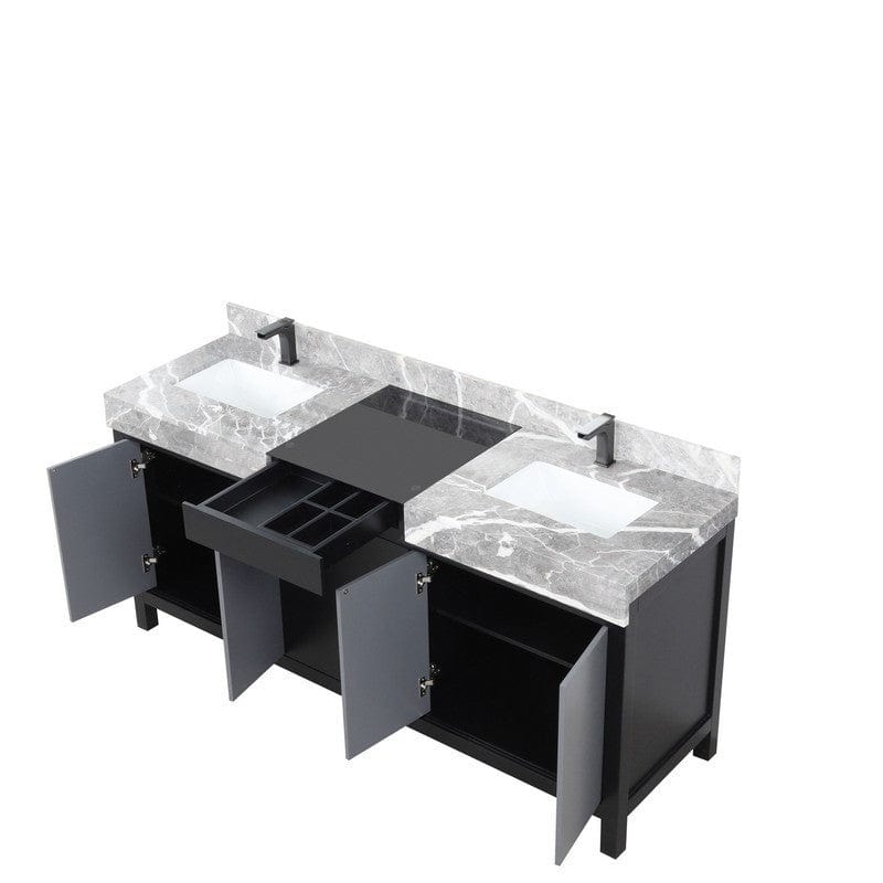 Zilara Transitional Black and Grey 72" Double Vanity, Balzani Gun Metal Faucet Set | LZ342272DLISFBG