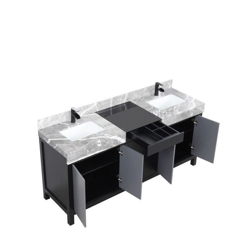 Zilara Transitional Black and Grey 72" Double Vanity, Cascata Nera Matte Black Faucet Set | LZ342272DLISFCM