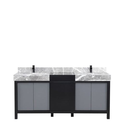 Zilara Transitional Black and Grey 72" Double Vanity, Cascata Nera Matte Black Faucet Set | LZ342272DLISFCM