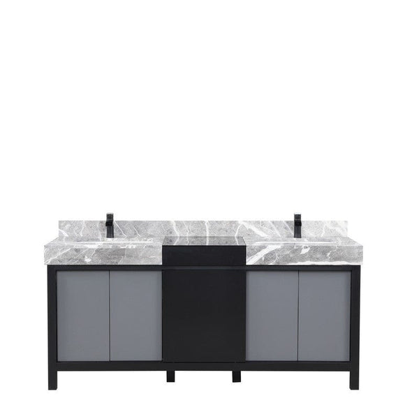 Zilara Transitional Black and Grey 72 Double Vanity, Cascata Nera Matte Black Faucet Set | LZ342272DLISFCM