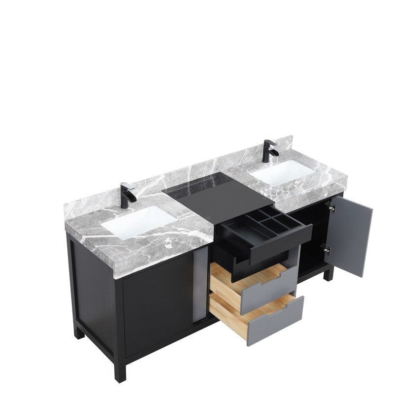 Zilara Transitional Black and Grey 72" Double Vanity, Cascata Nera Matte Black Faucet Set | LZ342272DLISFCM