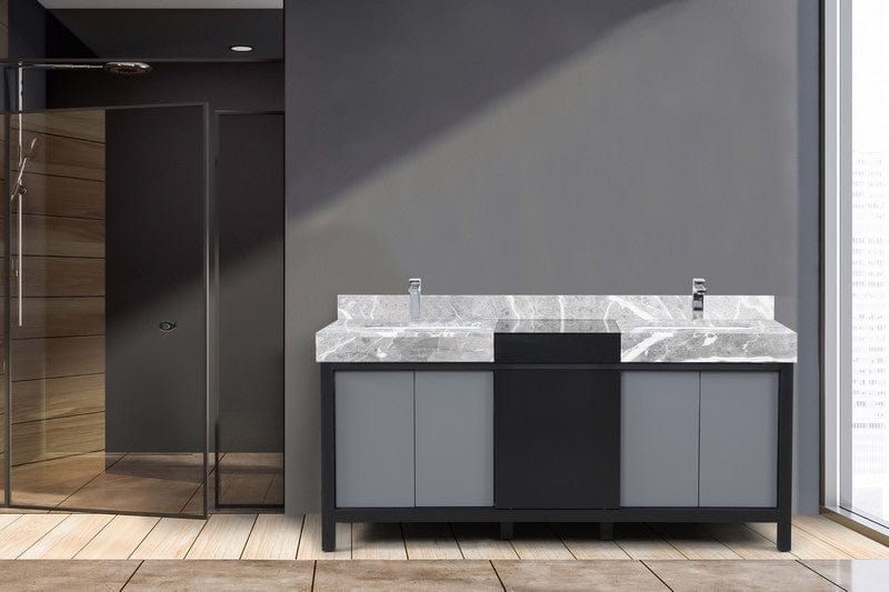 Zilara Transitional Black and Grey 72" Double Vanity, Monte Chrome Faucet Set | LZ342272DLISFMC