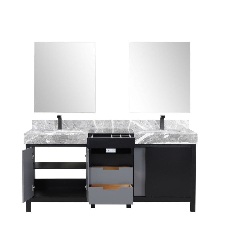 Zilara Transitional Black and Grey 72" Double Vanity Set, Balzani Gun Metal Faucet Set | LZ342272DLISM28FBG