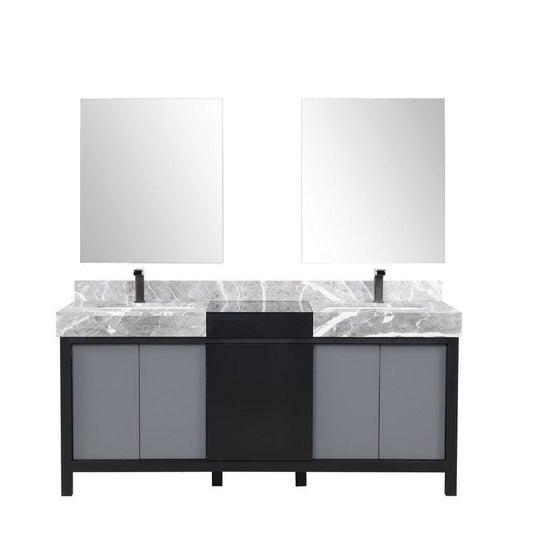 Zilara Transitional Black and Grey 72" Double Vanity Set, Balzani Gun Metal Faucet Set | LZ342272DLISM28FBG