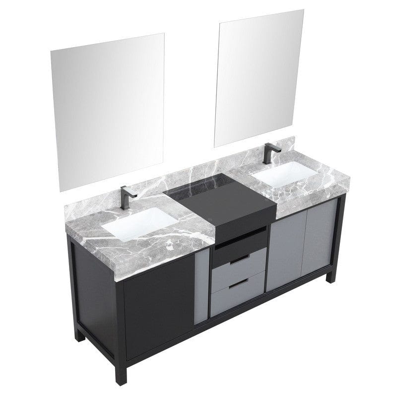 Zilara Transitional Black and Grey 72" Double Vanity Set, Balzani Gun Metal Faucet Set | LZ342272DLISM28FBG