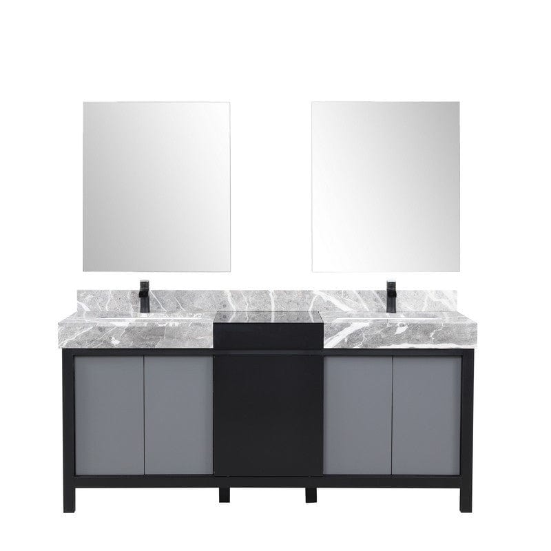 Zilara Transitional Black and Grey 72" Double Vanity Set, Cascata Nera Matte Black Faucet Set | LZ342272DLISM28FCM