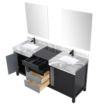 Zilara Transitional Black and Grey 72" Double Vanity Set, Cascata Nera Matte Black Faucet Set | LZ342272DLISM28FCM