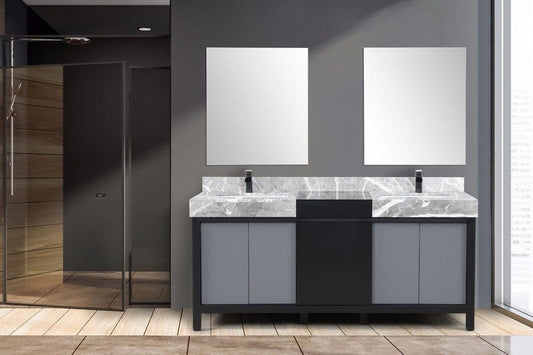 Zilara Transitional Black and Grey 72" Double Vanity Set, Cascata Nera Matte Black Faucet Set | LZ342272DLISM28FCM