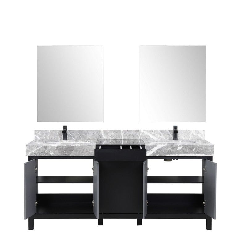 Zilara Transitional Black and Grey 72" Double Vanity Set, Cascata Nera Matte Black Faucet Set | LZ342272DLISM28FCM