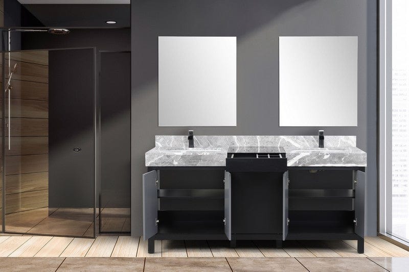 Zilara Transitional Black and Grey 72" Double Vanity Set, Cascata Nera Matte Black Faucet Set | LZ342272DLISM28FCM