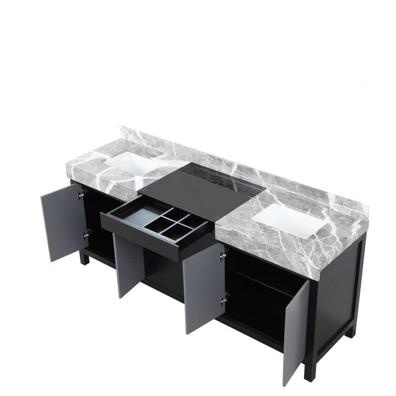 Zilara Transitional Black and Grey 80" Double Vanity, Castle Grey Marble Tops, and White Square Sinks | LZ342280DLIS000