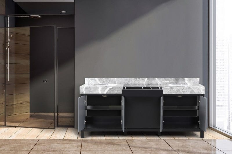 Zilara Transitional Black and Grey 80" Double Vanity, Castle Grey Marble Tops, and White Square Sinks | LZ342280DLIS000