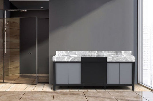 Zilara Transitional Black and Grey 80" Double Vanity, Castle Grey Marble Tops, and White Square Sinks | LZ342280DLIS000