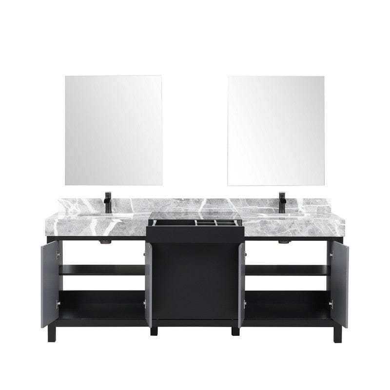 Zilara Transitional Black and Grey 80" Double Vanity Set,  Cascata Nera Matte Black Faucet Set | LZ342280DLISM30FCM