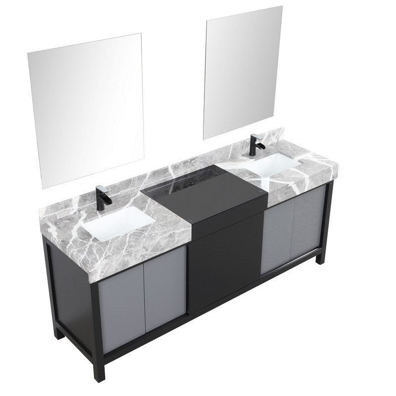 Zilara Transitional Black and Grey 80" Double Vanity Set,  Cascata Nera Matte Black Faucet Set | LZ342280DLISM30FCM