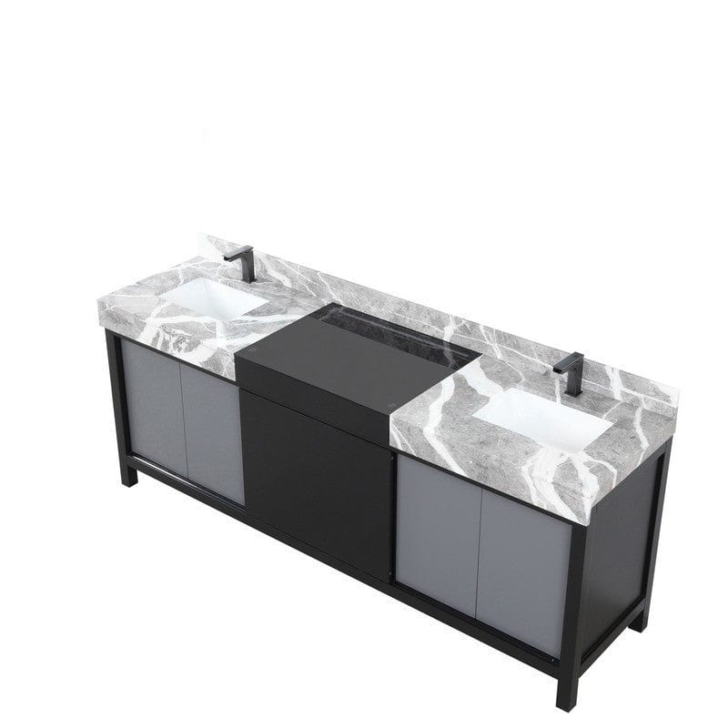 Zilara Transitional Black and Grey 84" Double Vanity, Balzani Gun Metal Faucet Set | LZ342284DLISFBG