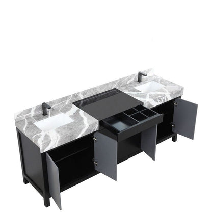 Zilara Transitional Black and Grey 84" Double Vanity, Balzani Gun Metal Faucet Set | LZ342284DLISFBG