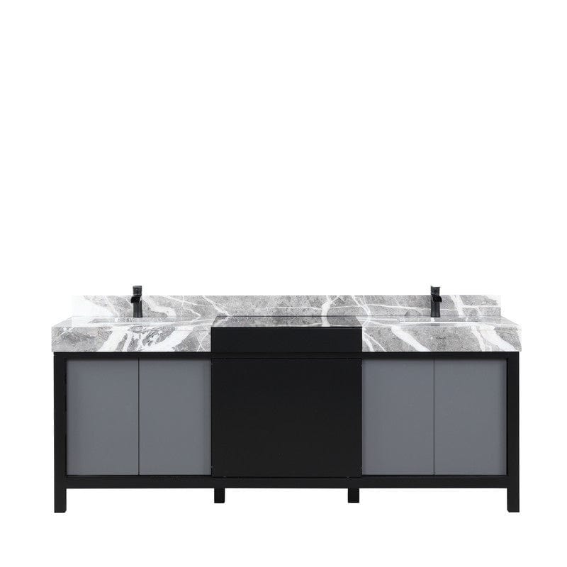Zilara Transitional Black and Grey 84" Double Vanity, Cascata Nera Matte Black Faucet Set | LZ342284DLISFCM