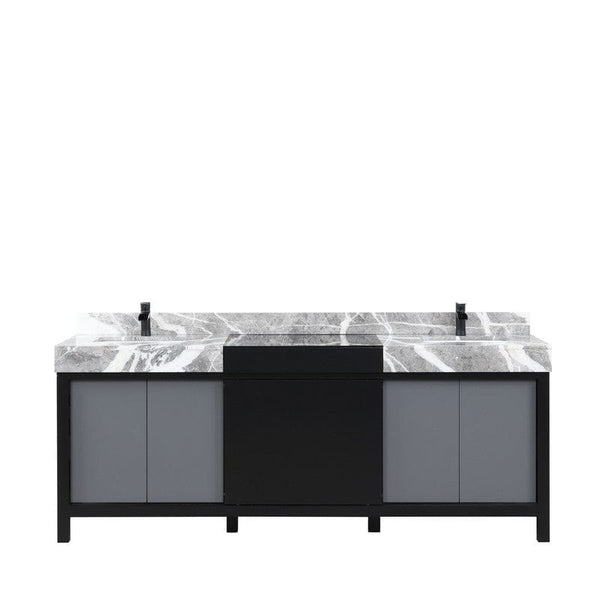 Zilara Transitional Black and Grey 84 Double Vanity, Cascata Nera Matte Black Faucet Set | LZ342284DLISFCM