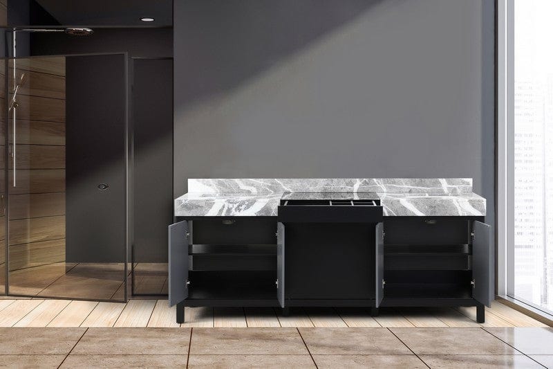 Zilara Transitional Black and Grey 84" Double Vanity, Castle Grey Marble Tops, and White Square Sinks | LZ342284DLIS000