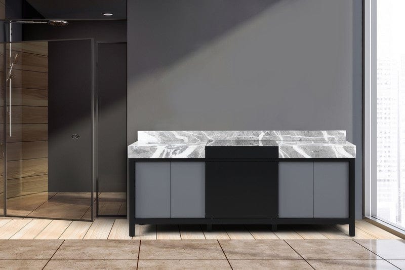 Zilara Transitional Black and Grey 84" Double Vanity, Castle Grey Marble Tops, and White Square Sinks | LZ342284DLIS000