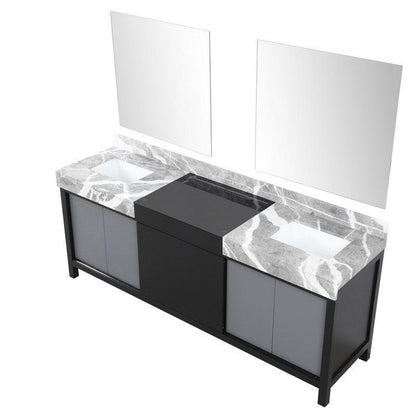 Zilara Transitional Black and Grey 84" Double Vanity, Castle Grey Marble Tops, White Square Sinks, and 34" Frameless Mirrors | LZ342284DLISM34