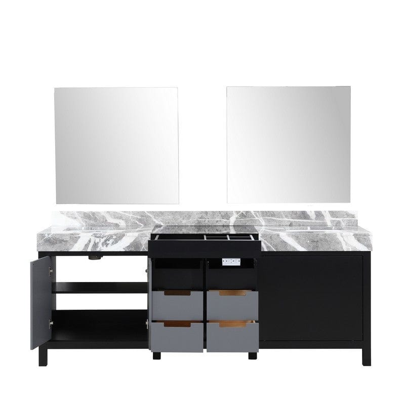 Zilara Transitional Black and Grey 84" Double Vanity, Castle Grey Marble Tops, White Square Sinks, and 34" Frameless Mirrors | LZ342284DLISM34