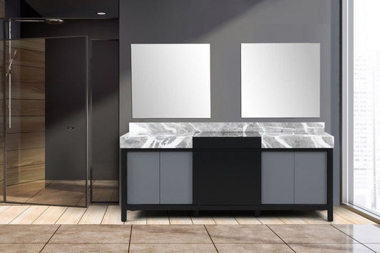 Zilara Transitional Black and Grey 84" Double Vanity, Castle Grey Marble Tops, White Square Sinks, and 34" Frameless Mirrors | LZ342284DLISM34