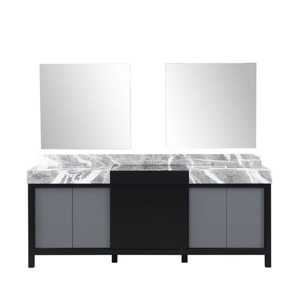 Zilara Transitional Black and Grey 84 Double Vanity, Castle Grey Marble Tops, White Square Sinks, and 34 Frameless Mirrors | LZ342284DLISM34