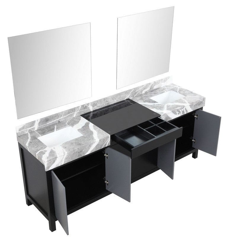 Zilara Transitional Black and Grey 84" Double Vanity, Castle Grey Marble Tops, White Square Sinks, and 34" Frameless Mirrors | LZ342284DLISM34