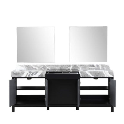 Zilara Transitional Black and Grey 84" Double Vanity, Castle Grey Marble Tops, White Square Sinks, and 34" Frameless Mirrors | LZ342284DLISM34