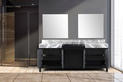 Zilara Transitional Black and Grey 84" Double Vanity, Castle Grey Marble Tops, White Square Sinks, and 34" Frameless Mirrors | LZ342284DLISM34