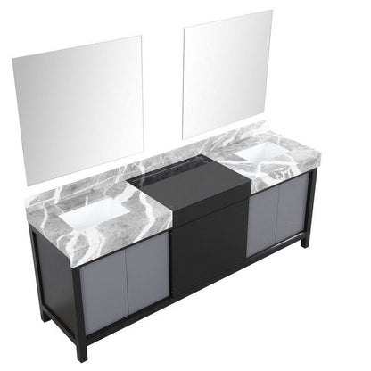 Zilara Transitional Black and Grey 84" Double Vanity, Castle Grey Marble Tops, White Square Sinks, and 34" Frameless Mirrors | LZ342284DLISM34