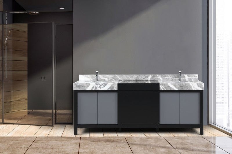 Zilara Transitional Black and Grey 84" Double Vanity, Monte Chrome Faucet Set | LZ342284DLISFMC