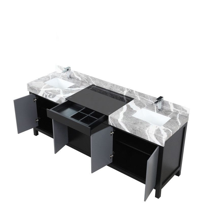 Zilara Transitional Black and Grey 84" Double Vanity, Monte Chrome Faucet Set | LZ342284DLISFMC